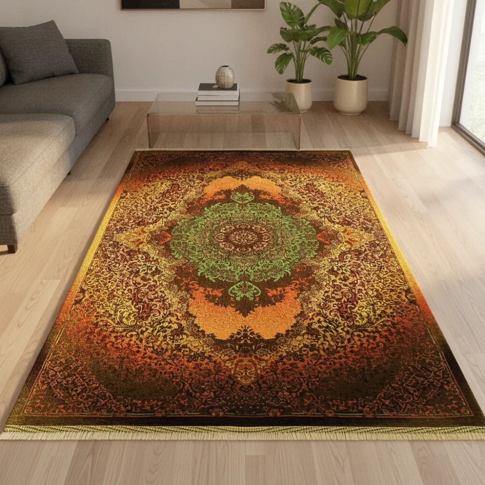 {image_id: main_image_01, image_type: actual_product_photo, alt_text: Rectangular area rug with central medallion pattern in green, orange, and gold tones on a dark brown background.}