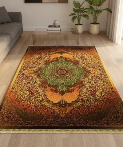 {image_id: main_image_01, image_type: actual_product_photo, alt_text: Rectangular area rug with central medallion pattern in green, orange, and gold tones on a dark brown background.}
