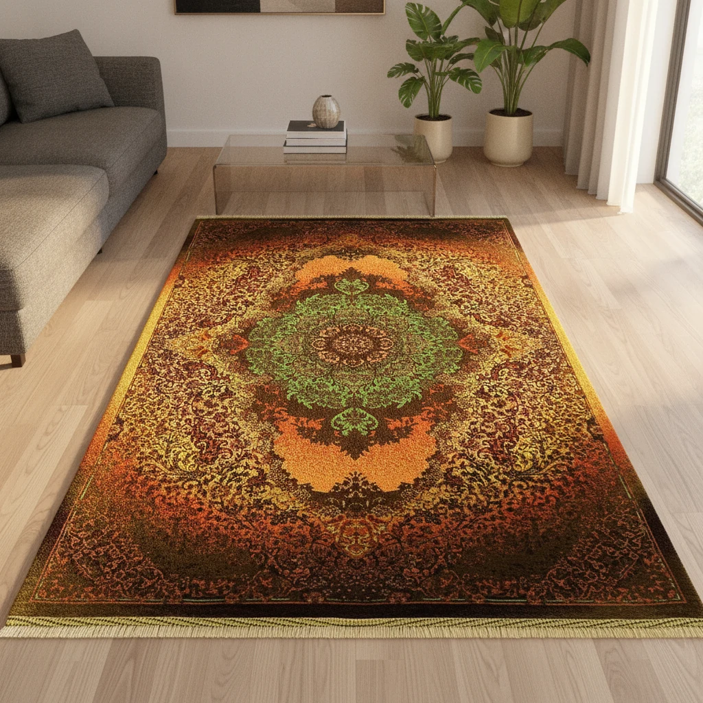 {image_id: main_image_01, image_type: actual_product_photo, alt_text: Rectangular area rug with central medallion pattern in green, orange, and gold tones on a dark brown background.}
