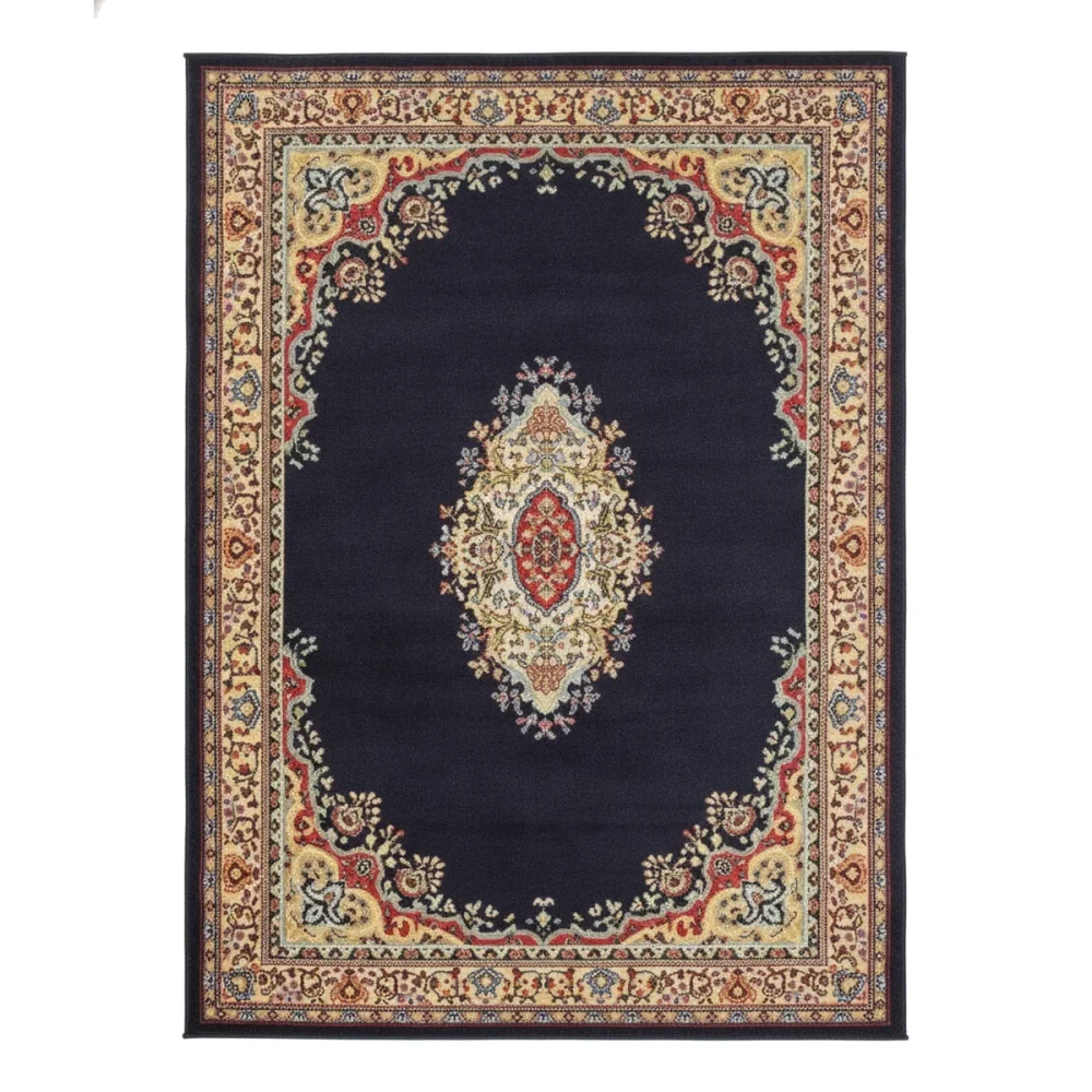 {image_id: main_product_image, image_type: actual_product_photo, alt_text: 4' x 6' Amaya rug with a navy central field and traditional medallion pattern, placed in a living room scene.}