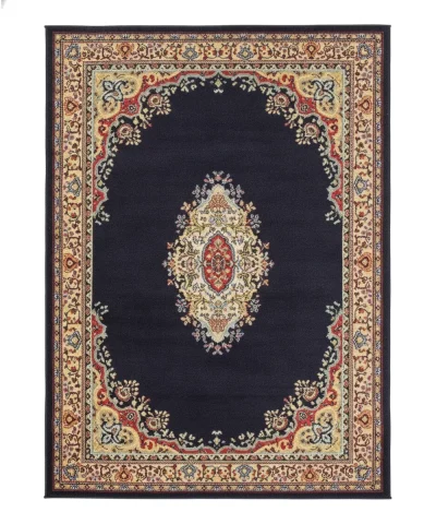 {image_id: main_product_image, image_type: actual_product_photo, alt_text: 4' x 6' Amaya rug with a navy central field and traditional medallion pattern, placed in a living room scene.}