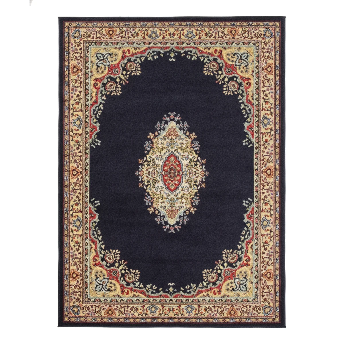 {image_id: main_product_image, image_type: actual_product_photo, alt_text: 4' x 6' Amaya rug with a navy central field and traditional medallion pattern, placed in a living room scene.}