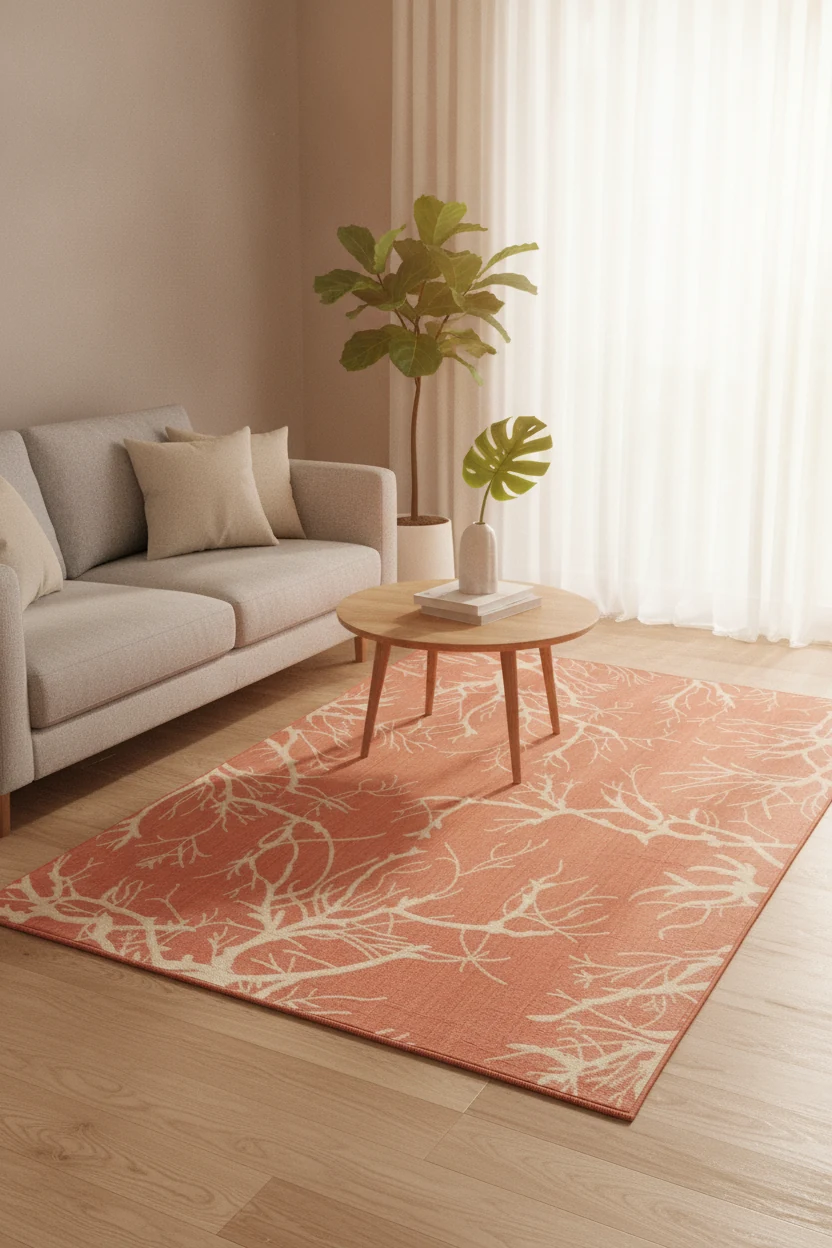 {image_id: crop_1, image_type: detail_photo, alt_text: Close-up of the orange and white branching pattern on the rug.}