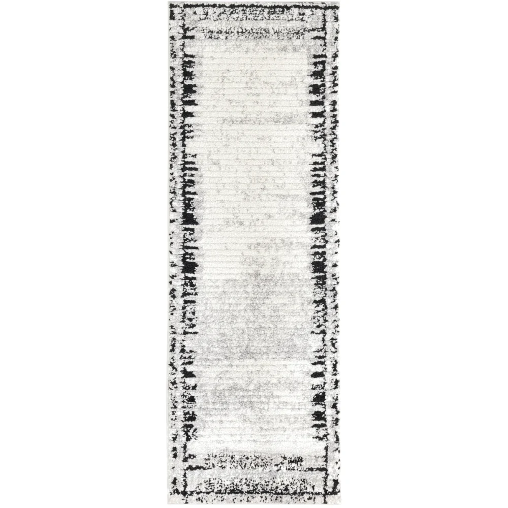 {image_id: image_001, image_type: actual_product_photo, alt_text: Full view of a rectangular runner rug with an abstract black, off-white, and gray striped border pattern and a textured field.}