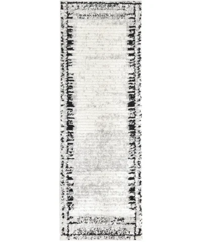 {image_id: image_001, image_type: actual_product_photo, alt_text: Full view of a rectangular runner rug with an abstract black, off-white, and gray striped border pattern and a textured field.}