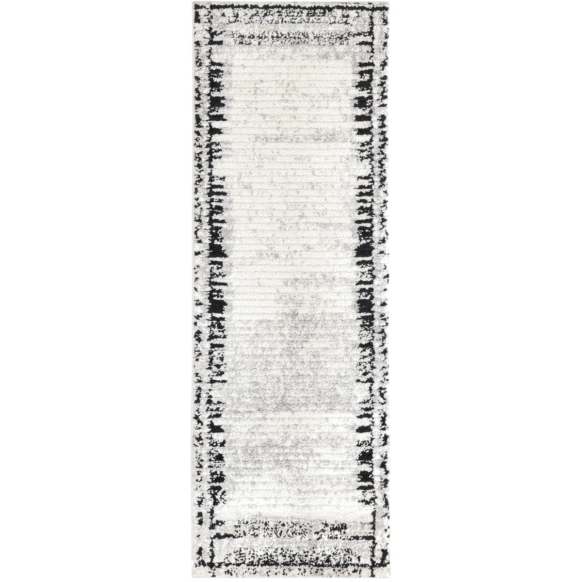 {image_id: image_001, image_type: actual_product_photo, alt_text: Full view of a rectangular runner rug with an abstract black, off-white, and gray striped border pattern and a textured field.}