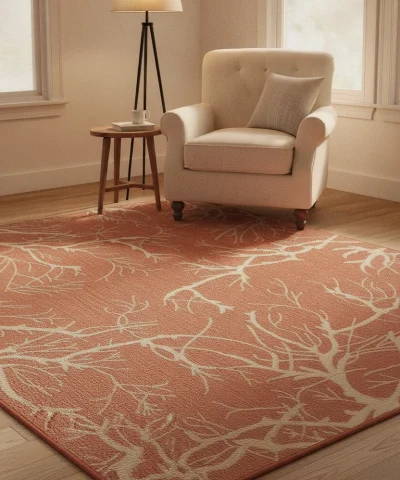 {image_id: image_0, image_type: actual_product_photo, alt_text: Top-down view of a rectangular rug with an all-over branch or coral pattern in terracotta and off-white.}