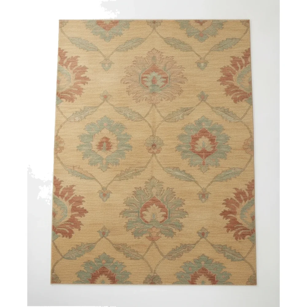 {image_id: provided_image_id, image_type: actual_product_photo, alt_text: Rectangular Kilim rug with an allover floral pattern in muted gold, terracotta, and teal, displayed on a white floor.}