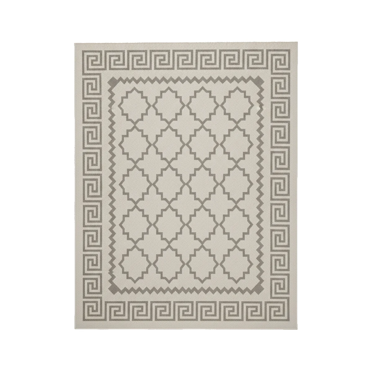 Rectangular grey polyester rug with a geometric pattern and Greek key border on a wooden outdoor deck with patio furniture.