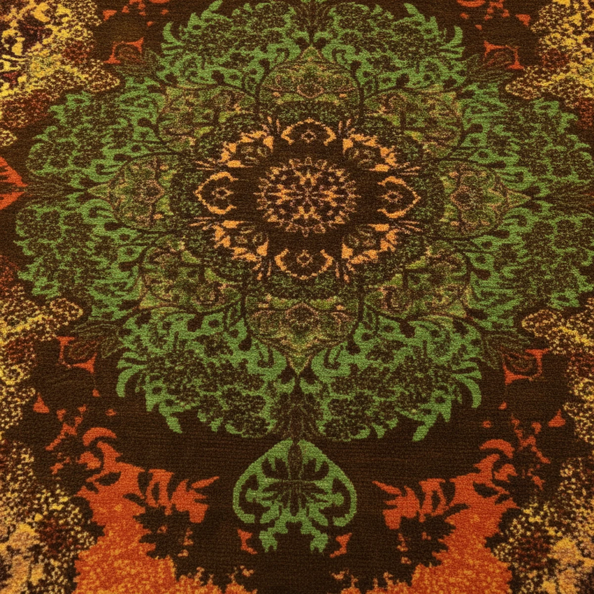 {image_id: image_01_crop_d, image_type: detail_photo, alt_text: Side detail of the Persian silk rug, highlighting the golden and dark brown floral patterns along the left edge.}