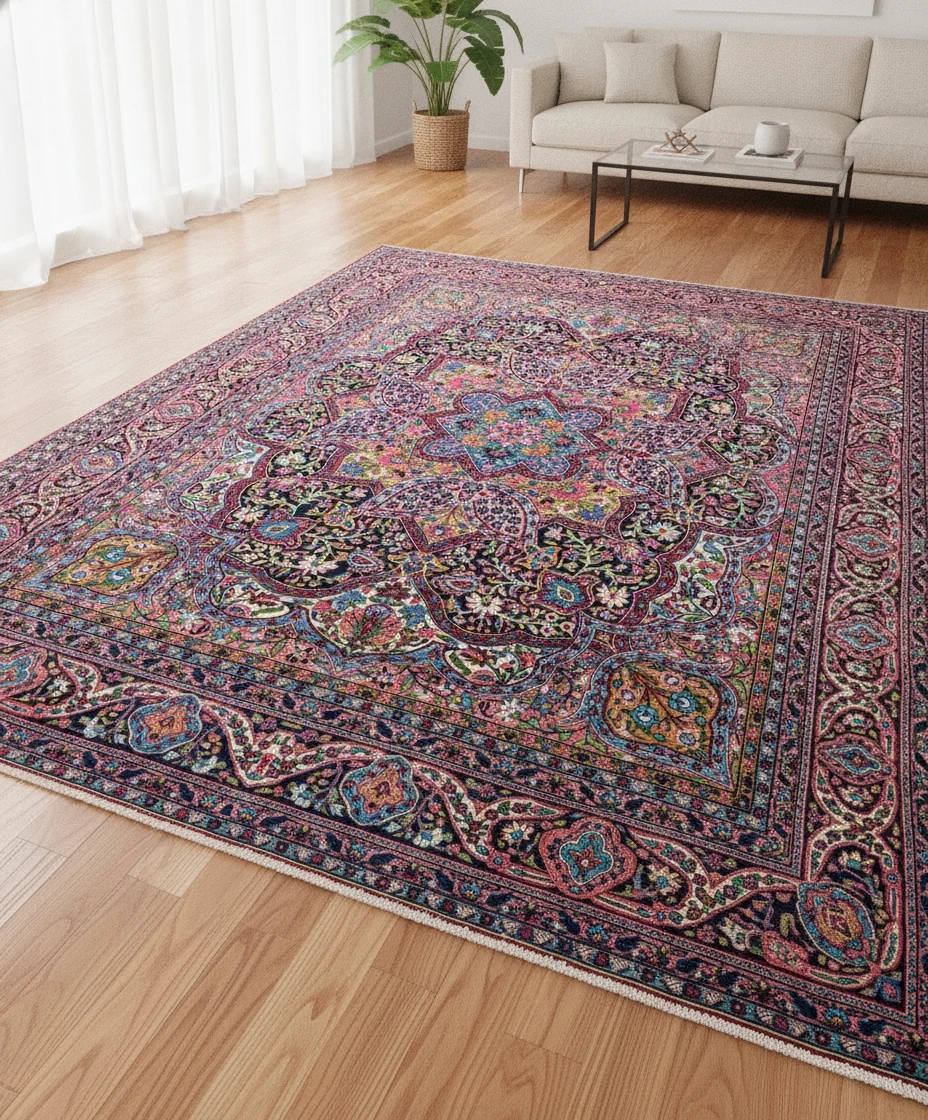 Section of the multi-color rug showing the transition from central medallion to dense floral field.