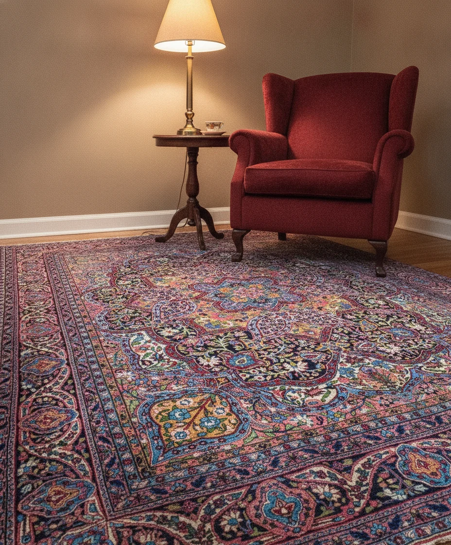 Close-up of the central medallion design on the multi-color rug