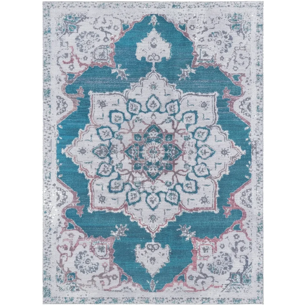 {image_id: main_image, image_type: actual_product_photo, alt_text: Francesca modern washable rug with a blue and white distressed medallion pattern}