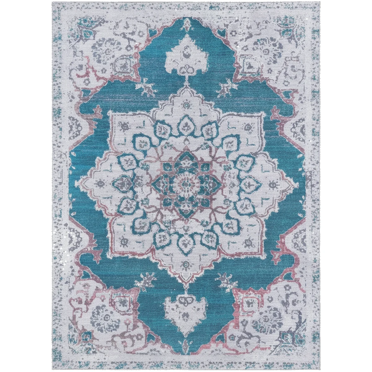 {image_id: main_image, image_type: actual_product_photo, alt_text: Francesca modern washable rug with a blue and white distressed medallion pattern}