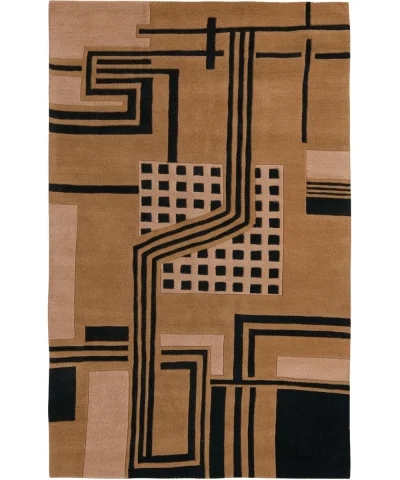 Full view of a rectangular rug with an abstract geometric pattern in brown