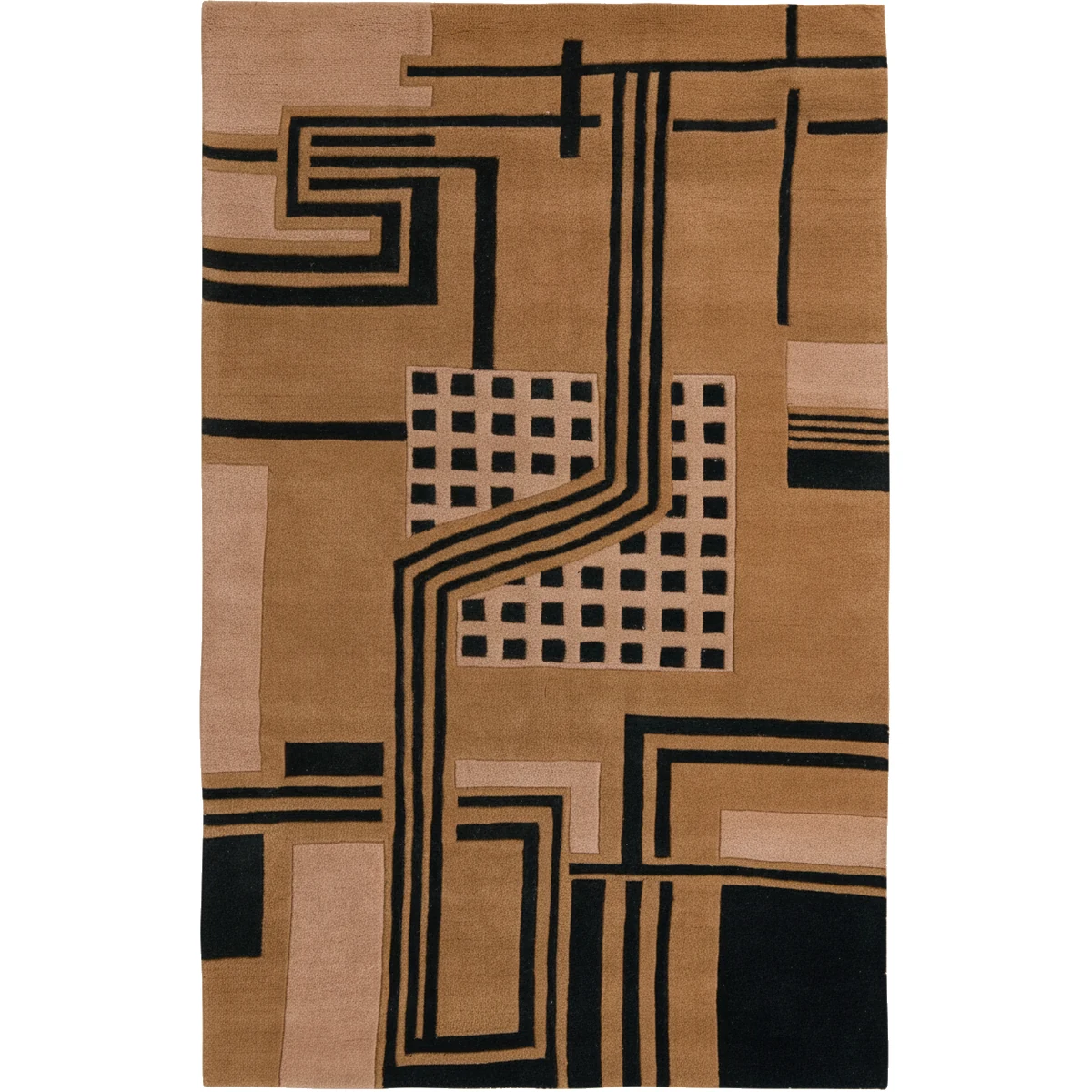 Full view of a rectangular rug with an abstract geometric pattern in brown