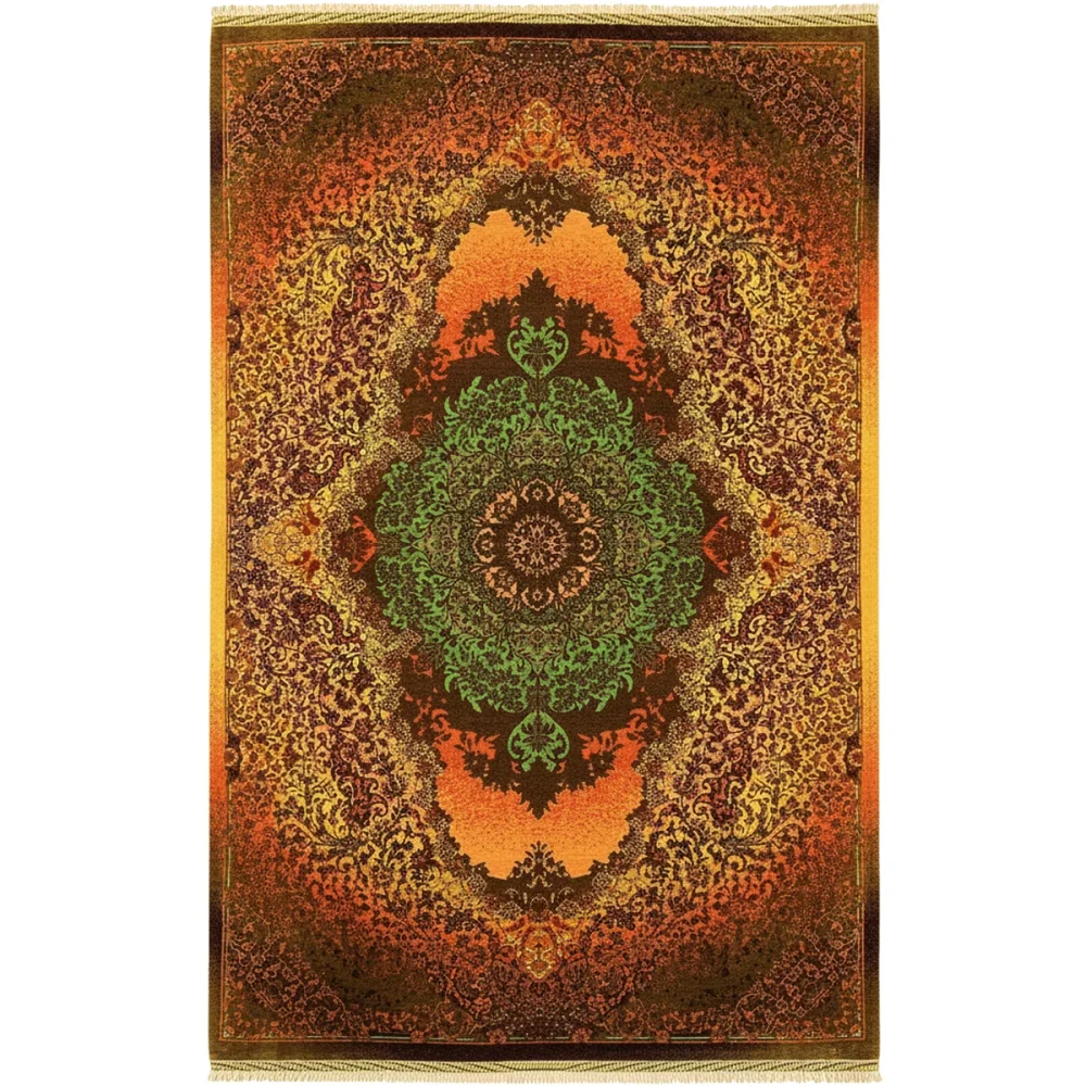 {image_id: image_01, image_type: actual_product_photo, alt_text: Full overhead view of a hand-knotted Persian silk rug with a dark field, green central medallion, and orange and gold floral patterns.}