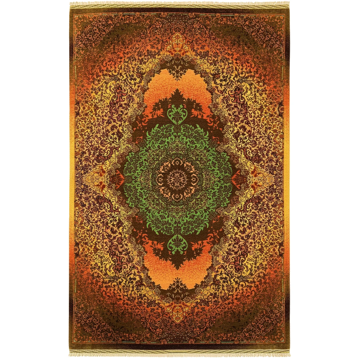 {image_id: image_01, image_type: actual_product_photo, alt_text: Full overhead view of a hand-knotted Persian silk rug with a dark field, green central medallion, and orange and gold floral patterns.}