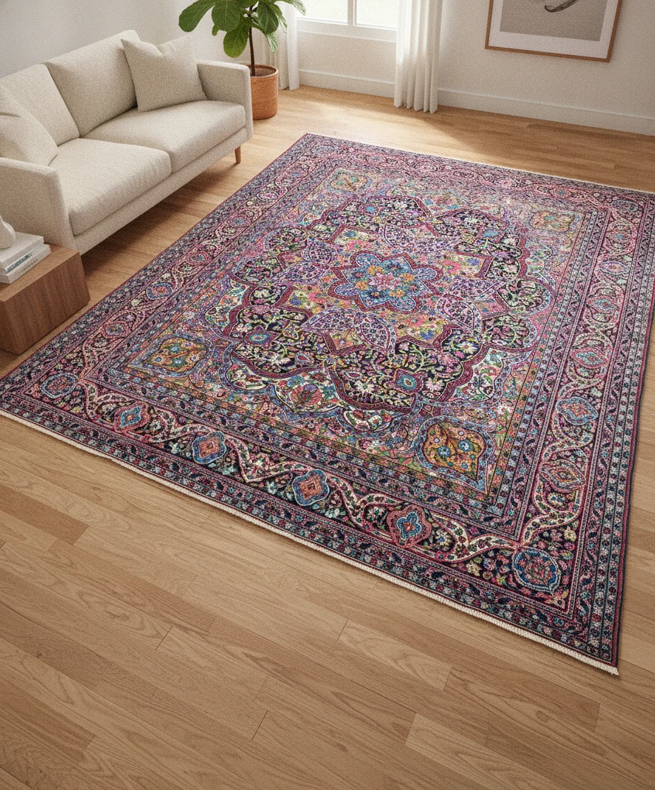 Close-up view of the intricate floral and vine motifs within the border and field of the multi-color rug.