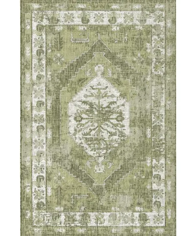 Full view of a modern contemporary rug with a distressed green and off-white medallion pattern