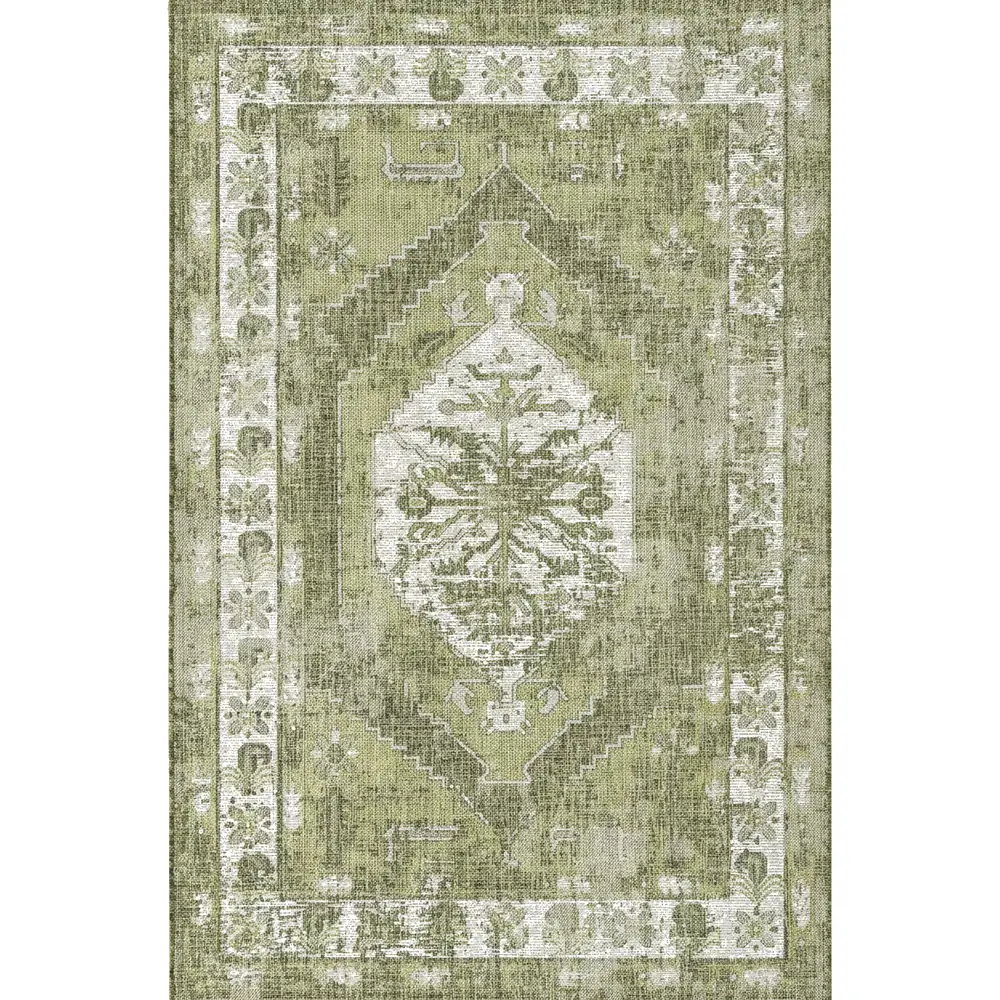Full view of a modern contemporary rug with a distressed green and off-white medallion pattern