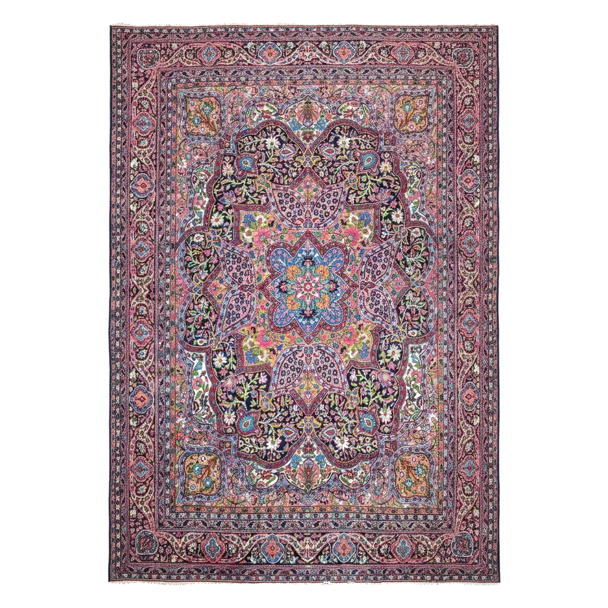 Full view of a large rectangular area rug featuring a vibrant central medallion and dense floral pattern.