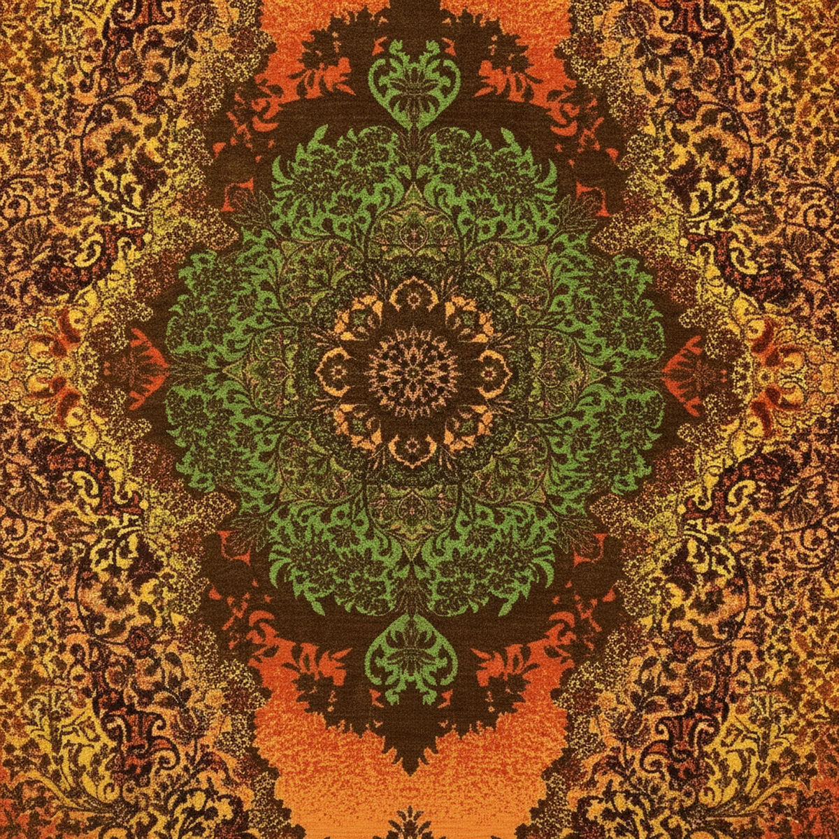 {image_id: image_01_crop_c, image_type: detail_photo, alt_text: Detail of the upper right corner of the Persian silk rug, with orange and dark brown floral designs and fringe.}