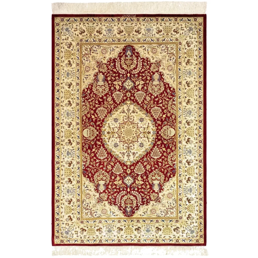 Full view of a rectangular Persian rug with a red field