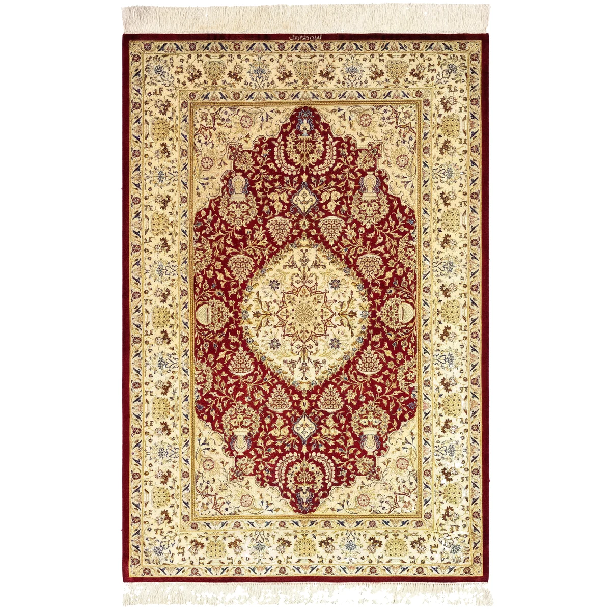 Full view of a rectangular Persian rug with a red field