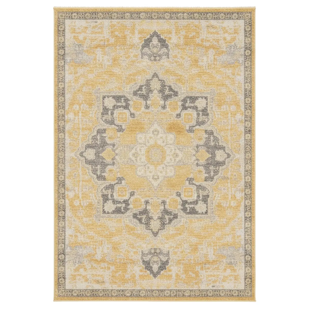 Angled view of a rectangular modern contemporary rug with a distressed yellow and gray abstract pattern on a gray floor.