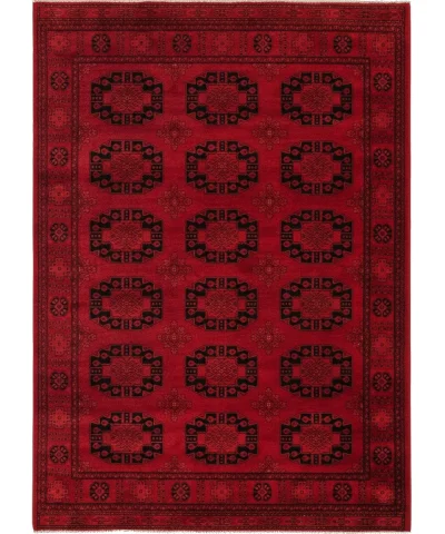 Full view of a 9x12 antique Persian Bakhtiari rug with a red field and repeating dark geometric medallions.