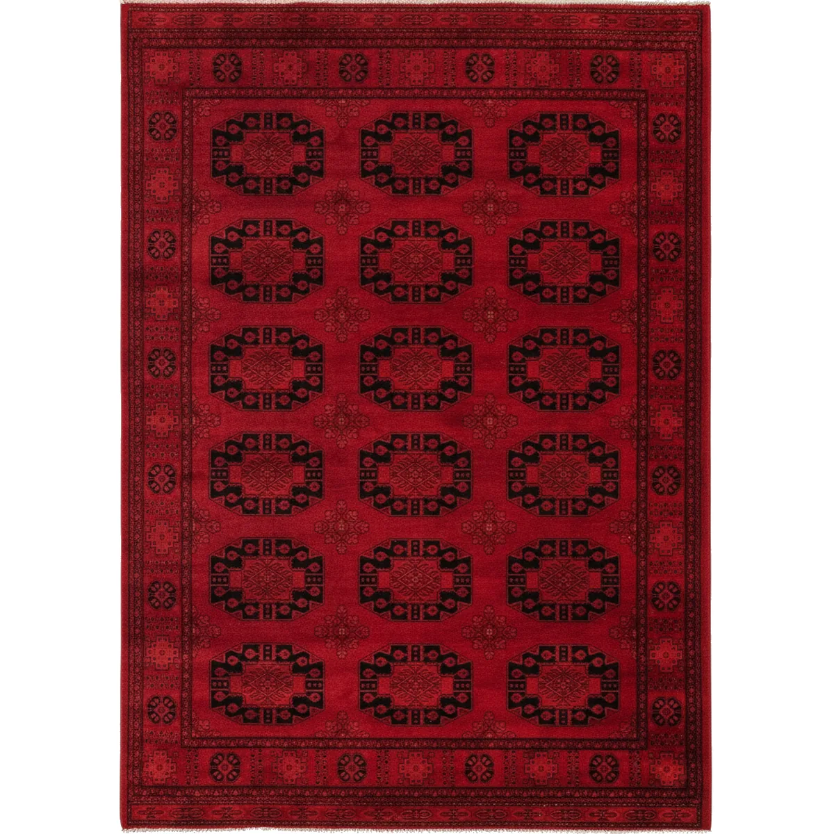 Full view of a 9x12 antique Persian Bakhtiari rug with a red field and repeating dark geometric medallions.