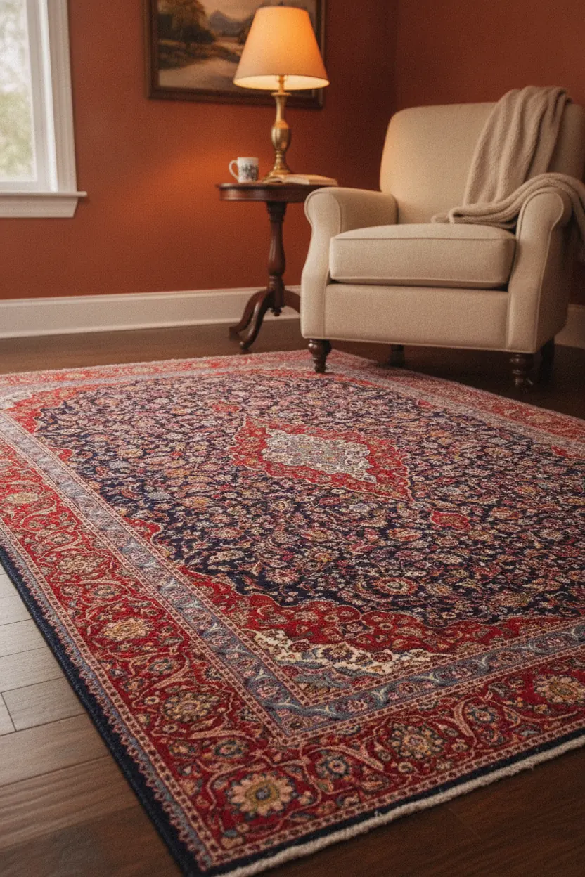 9x12-navy-red-medallion-area-rug-in-room-second-angle-3 Close-up of the upper-right corner of a navy and red rug