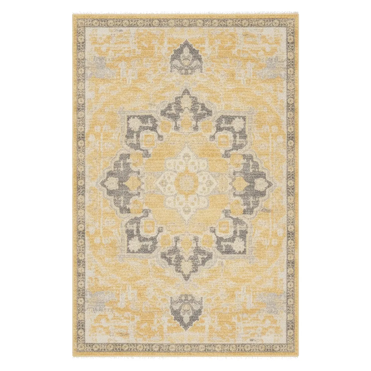 Close-up view of a modern rectangular area rug with a distressed yellow