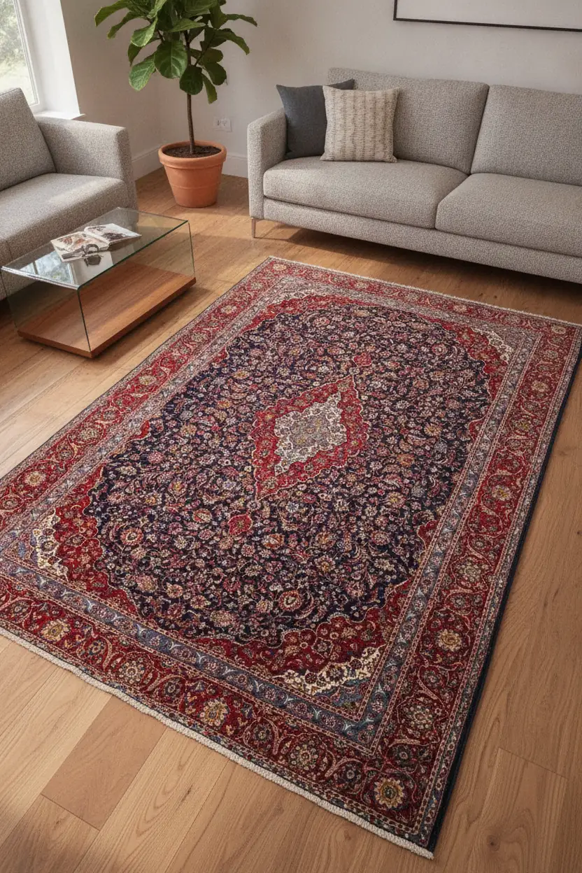 Close-up of the upper-left corner of a navy and red rug