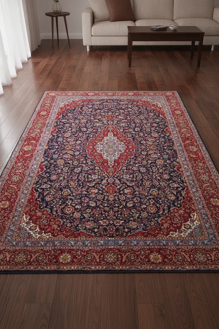 9x12-navy-red-medallion-area-rug-in-room-eye-level-6 Close-up of the lower-left corner of a navy and red rug