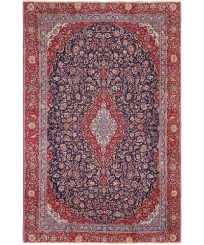 Overhead view of a rectangular area rug with a navy field